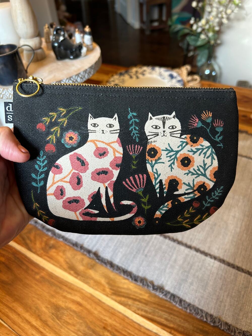 Canvas Kitty Cat Flowered Black Pouch Makeup Bag Cute Accessory 7 x 4